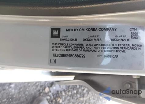 2014 Chevrolet Spark Ls Auto z USA, uszkodzony, nr VIN KL8CB6S94EC584729